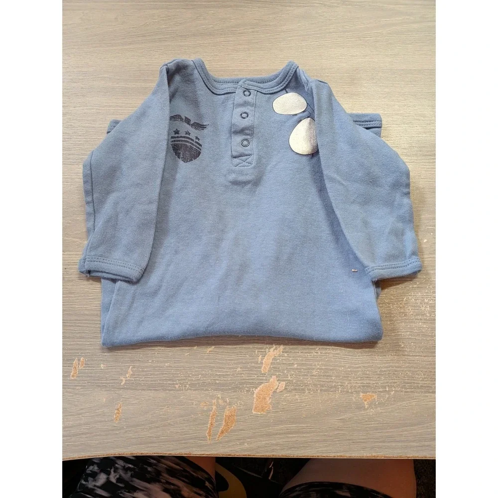 HB Baby Boy Blue Cotton Long Sleeve Henley Romper Graphic 6-9 Months